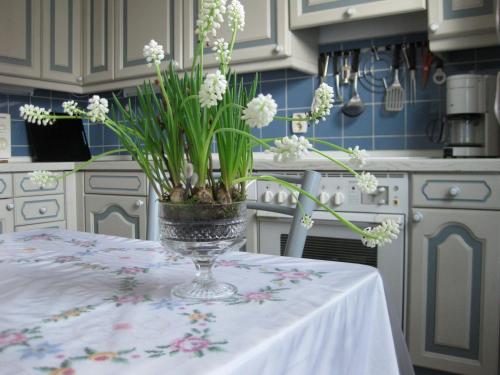 a vase of flowers on a table in a kitchen at Gaestezimmer-in-Rotenburg in Rotenburg an der Wümme