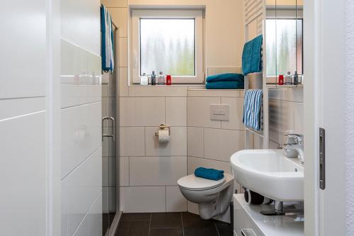 La salle de bains est pourvue de toilettes et d'un lavabo. dans l'établissement Lüttjeloog, à Leer