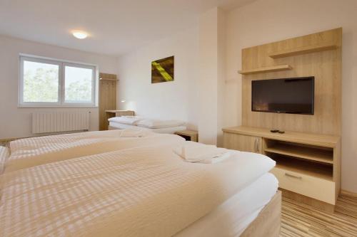 a bedroom with two beds and a flat screen tv at Rokava in Rohatec
