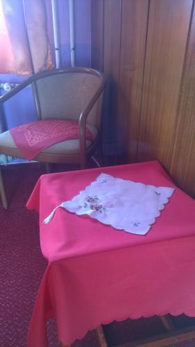 a pink table and chair with a dress on it at Penzion Lipůvka in Lipova Lazne