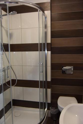 a bathroom with a toilet and a glass shower at Gościniec Rycerski in Malbork
