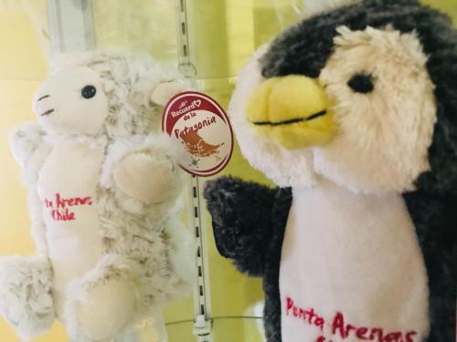 two stuffed animals are sitting on a shelf at Hotel Yellow Submarine in Punta Arenas