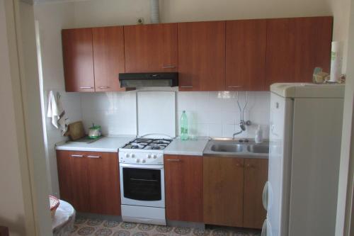 a kitchen with wooden cabinets and a stove and a sink at Holiday home in Sušica