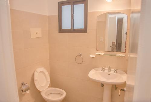 een badkamer met een toilet, een wastafel en een spiegel bij Hotel Nuevo Boulevard in Mar del Plata