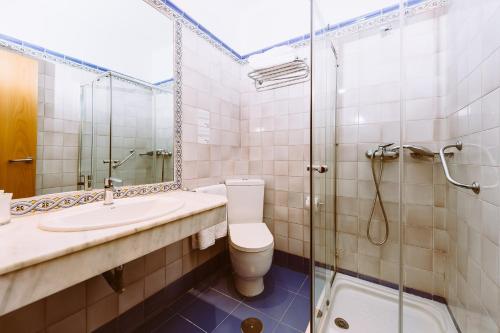 a bathroom with a shower, toilet and sink at Basic Hotel Doña Manuela in Seville
