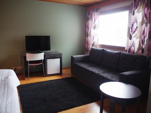 sala de estar con sofá y TV en Hotelli Puustelli Lieksa en Lieksa