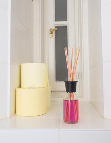 a pink vase with sticks in it on a counter at Apartments Opera in Vienna