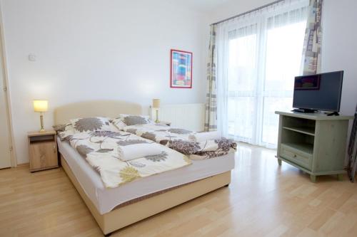 ハイドゥソボスローにあるZoli Apartmanok-Balcony Kölcsey 32のベッドルーム(ベッド1台、テレビ、窓付)