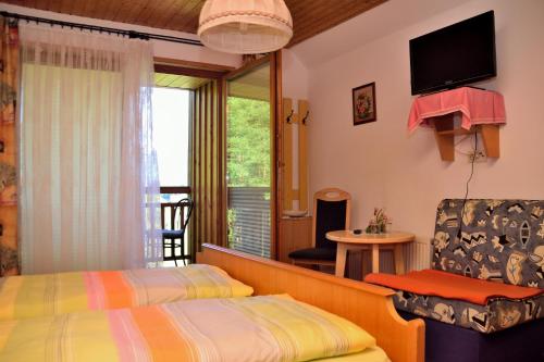 ein Schlafzimmer mit einem Bett, einem Stuhl und einem TV in der Unterkunft Haus Jost Ingrid in Hermagor