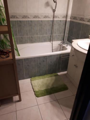 La salle de bains est pourvue d'une baignoire et d'un tapis vert. dans l'établissement Appart bas Fabron, à Nice