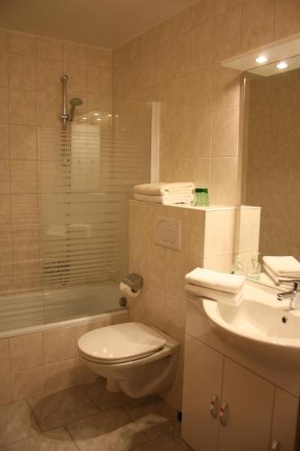 a bathroom with a toilet and a sink and a tub at Landhotel Wolf in Leutasch