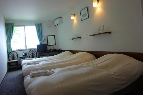 a hotel room with two beds and a window at Hakodate Motomachi Hotel in Hakodate