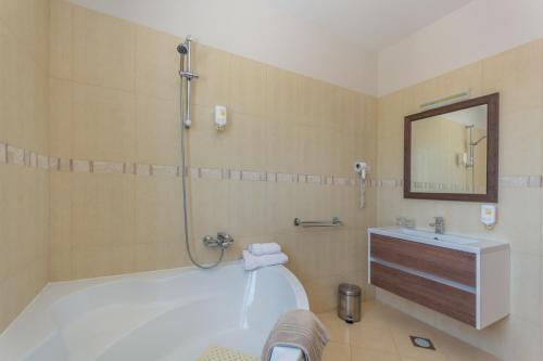 a bathroom with a tub and a sink and a mirror at Bed & Breakfast Daniela in Veleniki
