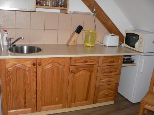 a kitchen with a sink and a counter top at Penzion Na Habeši in Kašperské Hory