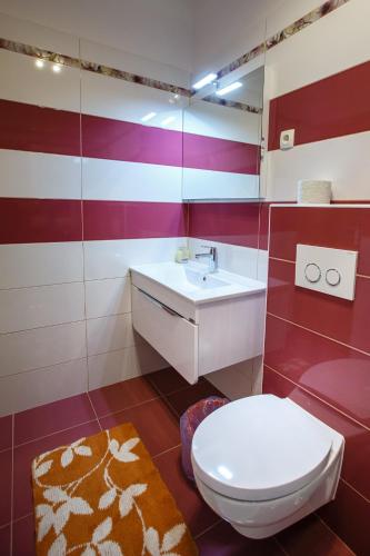 a bathroom with a white toilet and a sink at Apartments Slavko in Supetarska Draga