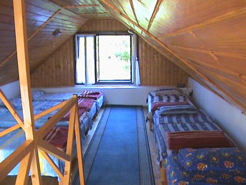 um quarto com 4 camas num chalé de madeira em Pension Zamolxe em Sarmizegetusa
