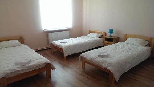 a room with two beds and a window at Klintis in Jaungulbene