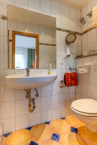 a bathroom with a sink and a toilet at Der Westerwaldwirt Hotel Landhaus - Stähler in Hemmelzen