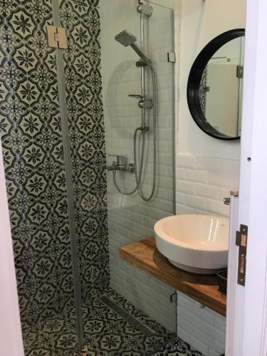 La salle de bains est pourvue d'un lavabo et d'une douche. dans l'établissement Les Jardins du Phare de Sidi Bou Said, à Sidi Bou Saïd