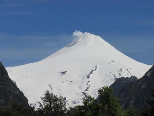 a mountain covered in snow with trees in the foreground at Cabanas L'ESCALE in Coñaripe