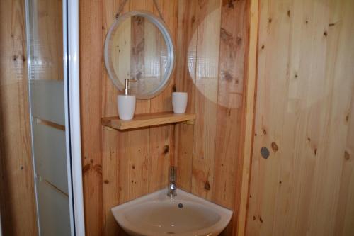 a bathroom with a sink and a mirror at Le Ranch Amadeus in Saint-Paul-en-Born