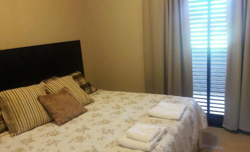 ein Schlafzimmer mit einem Bett mit zwei Kissen und einem Fenster in der Unterkunft Aires Sunchales in Sunchales