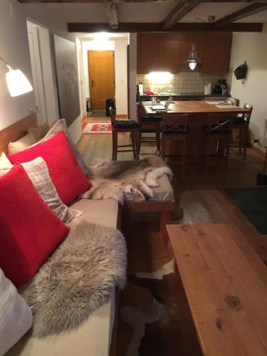 un soggiorno con divano e un cane steso sopra di Les Boucanier a Verbier