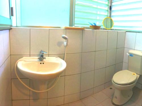 y baño con lavabo y aseo. en Shanputao Yi Zhan Homestay, en Dawu