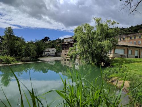 a view of a lake with buildings in the background at Hostería de Curtidores in Estella