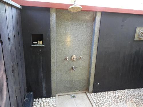 a bathroom with a shower with black walls at Taj Kumarakom Resort and Spa Kerala in Kumarakom