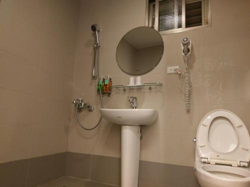 bagno con servizi igienici, lavandino e specchio di Dream House B&B a Luodong