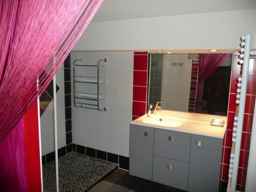 a bathroom with a sink and a mirror at Au Palton in Raon-aux-Bois