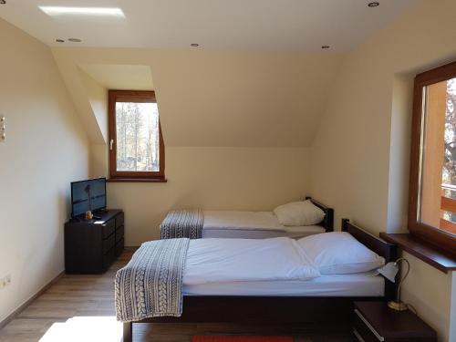 two beds in a room with two windows at Sarna Karkonosze in Bukowiec