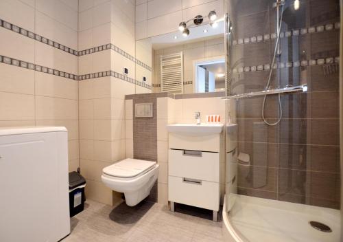 コウォブジェクにあるApartament przy Porcie Rybackimのバスルーム(トイレ、洗面台、シャワー付)