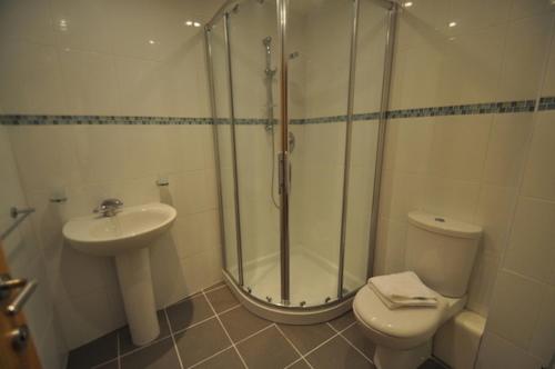 a bathroom with a shower and a toilet and a sink at Princes Dock Chambers 10 in Hull