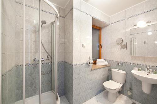 a bathroom with a shower and a toilet and a sink at Blue Swan in Kraków