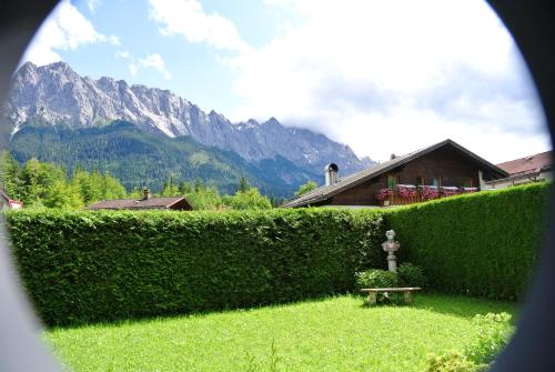 a hedge with a bench and mountains in the background at Gasthaus am Zierwald in Grainau