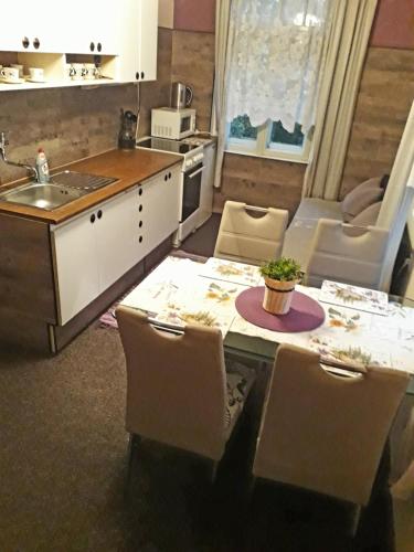 a kitchen with a table and chairs and a sink at Penzion Romance in Vyšší Brod