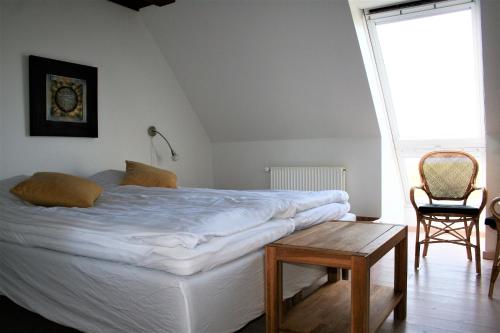 - une chambre avec un lit, une table et une fenêtre dans l'établissement Rødkærgård Bed&Breakfast, à Kerteminde