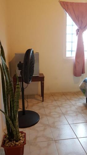 a living room with a fan and a plant at Casa Ricky's in Orange Walk
