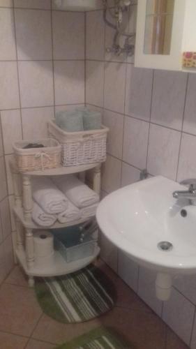 a bathroom with a sink and a shelf with towels at Dűlő Apartmanház in Villány