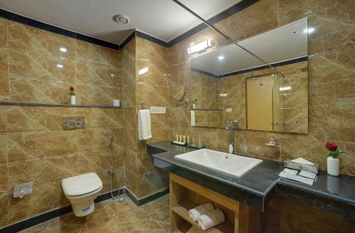 a bathroom with a sink and a toilet and a mirror at Cygnett Park Di-Arch in Lucknow