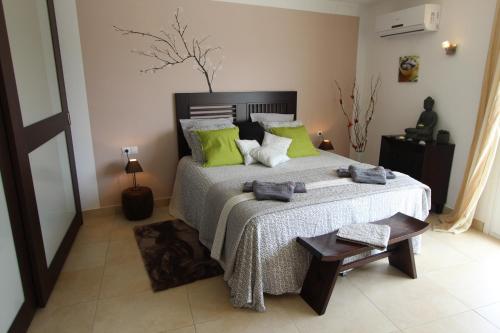 エンプリアブラバにあるLEON INMO Luxusvilla Esmeralda - 10029のベッドルーム1室(大型ベッド1台、緑の枕付)