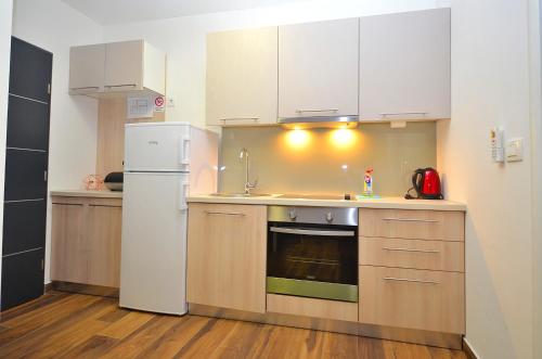 a kitchen with a white refrigerator and a sink at Stella Apartments in Novigrad Istria