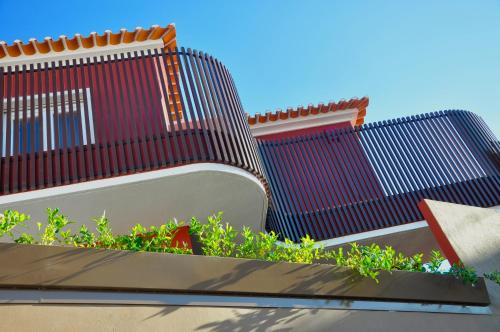 um banco sentado em cima de um edifício com plantas em Confluentia H&A - Believe It or Not Apartments em Coimbra