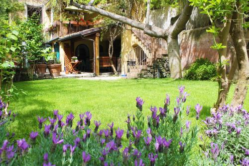 a garden with purple flowers in front of a house at Inn The Garden in Catania