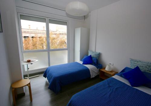 巴塞隆納的住宿－埃斯帕廣場豪華公寓，一间卧室设有两张床和窗户。