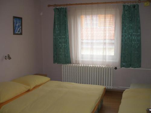 1 dormitorio con 2 camas y una ventana con cortinas verdes en Privat 107, en Pavčina Lehota