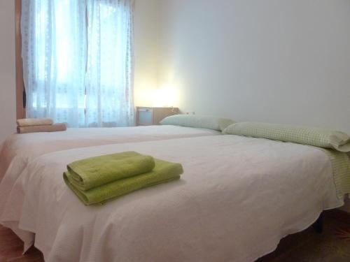 ログローニョにあるApartamentos Sarabiaの白いベッドの上に緑のタオル