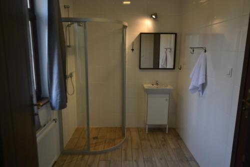 a bathroom with a glass shower and a sink at SleepWell Apartments in Legnica